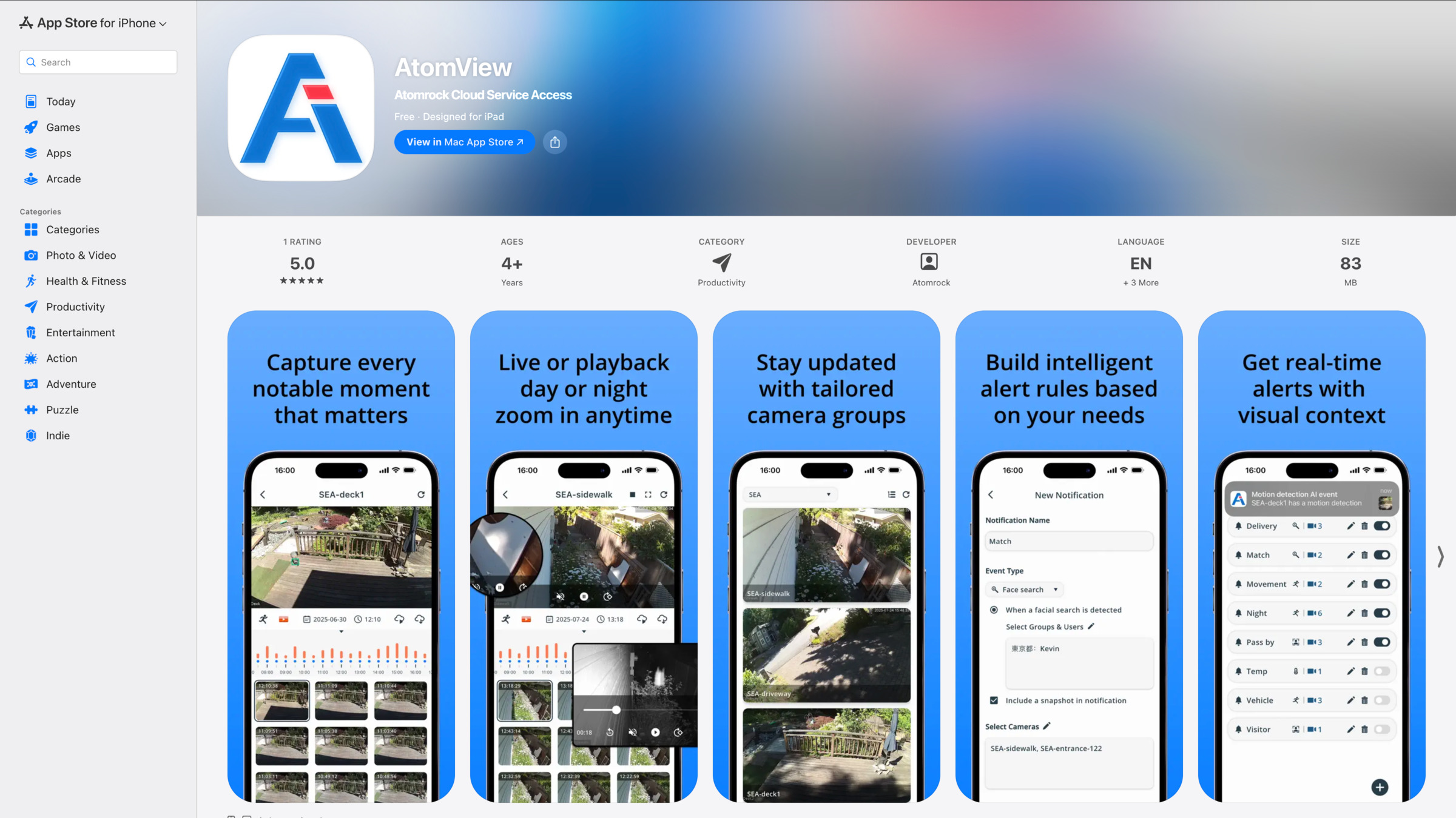 AtomView on the App Store: five iPhone screens showcasing capture, live playback with zoom, tailored camera groups, intelligent alert rules, and real-time alerts with visual context