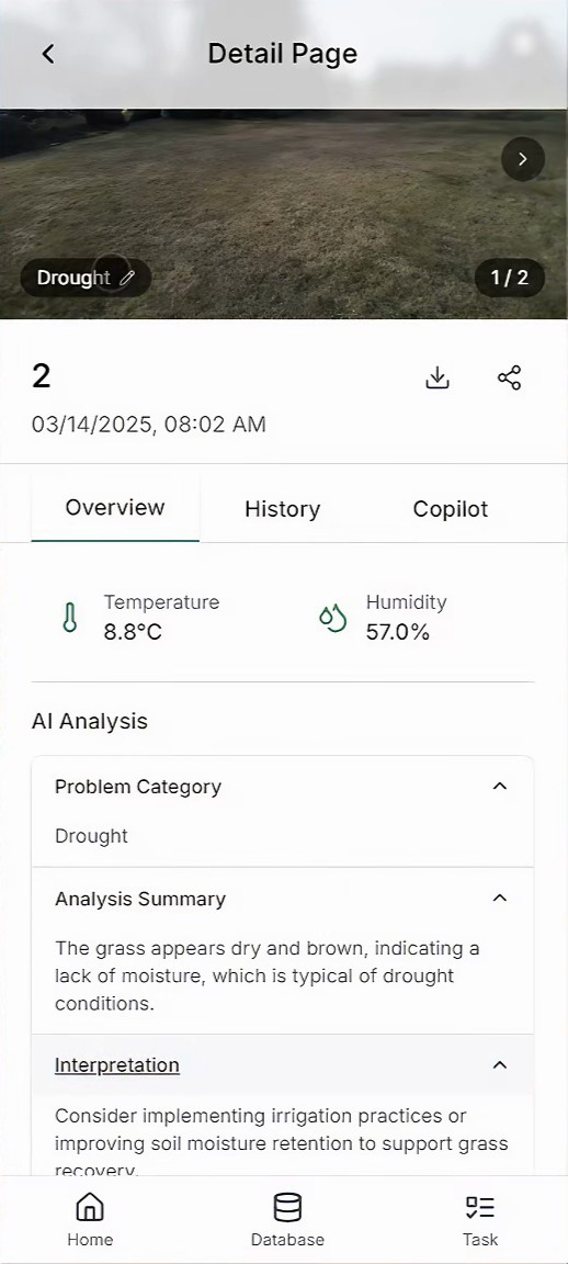 Shipped detail screen with an editable drought tag, temperature and humidity readings, and the AI analysis expanded to a short summary and interpretation