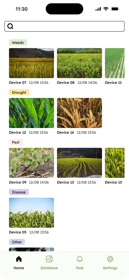 Prototype home screen grouping crop photos into cards by issue type: weeds, drought, pest, disease