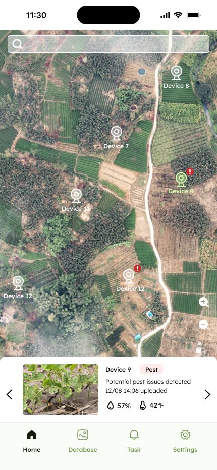Prototype home screen showing device pins on a satellite map with a preview card at the bottom