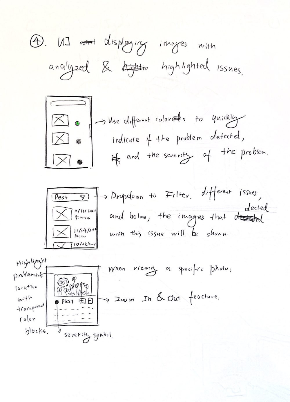 Hand sketch of phone screens that color-code detected crop issues, filter images by issue type, and highlight the problem area on a photo