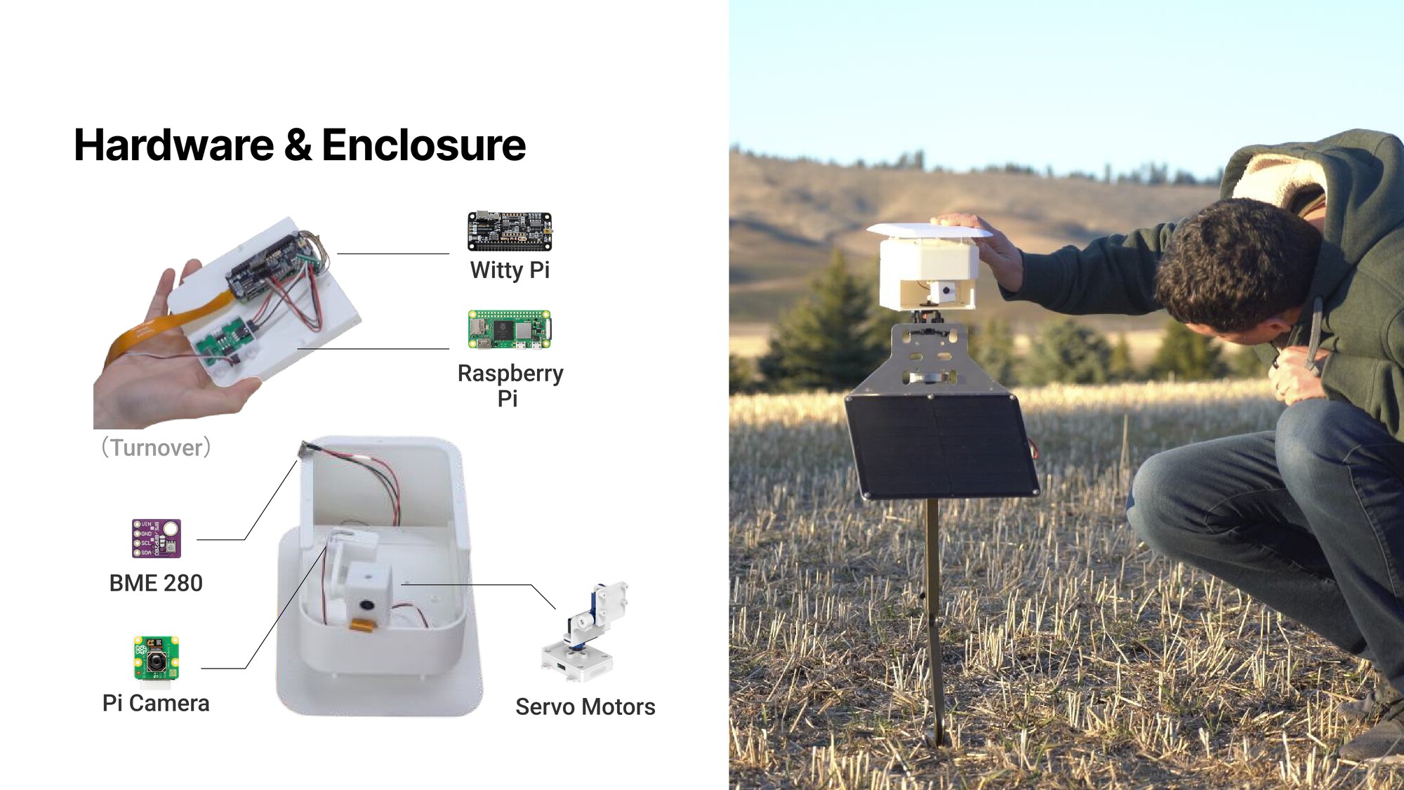 FarmGazer hardware: Witty Pi, Raspberry Pi, BME 280 sensor, Pi Camera, servo motors, and the deployed pan-tilt camera unit in the field