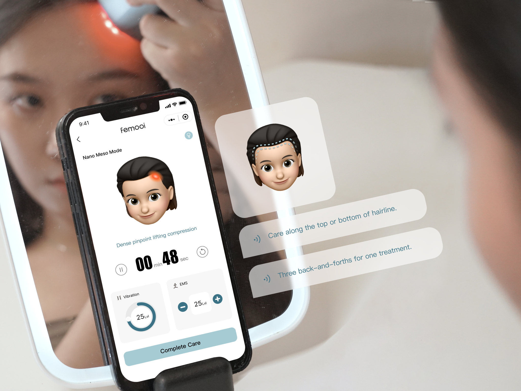 Femooi device-app interaction: 3D avatar visualizing treatment mode across two paired phone screens, with the physical skincare device