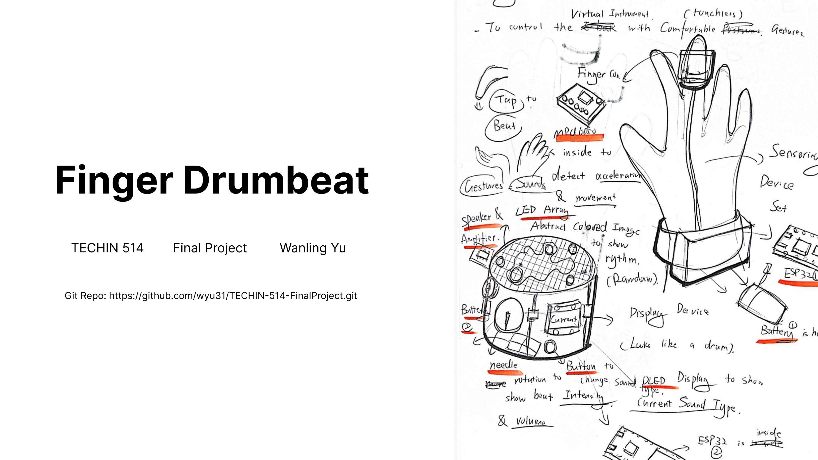 Original concept sketch: hand-drawn notes on virtual instrument, finger cuff with MPU6050, display device with LED array and OLED, and the wearable glove-like sensor unit