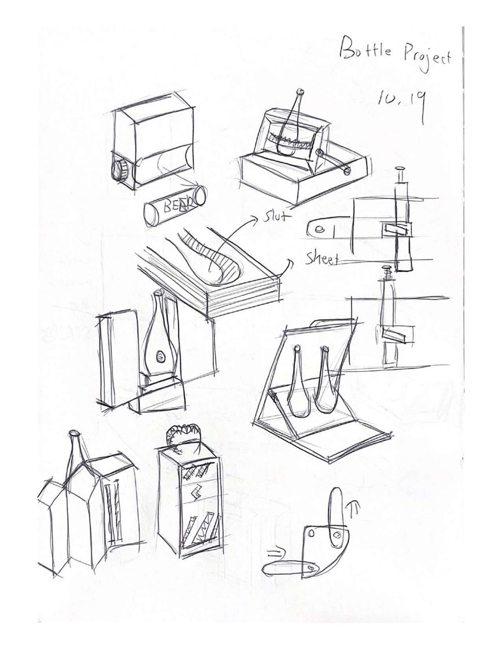 Hand sketches of bottle packages, stands, and display forms