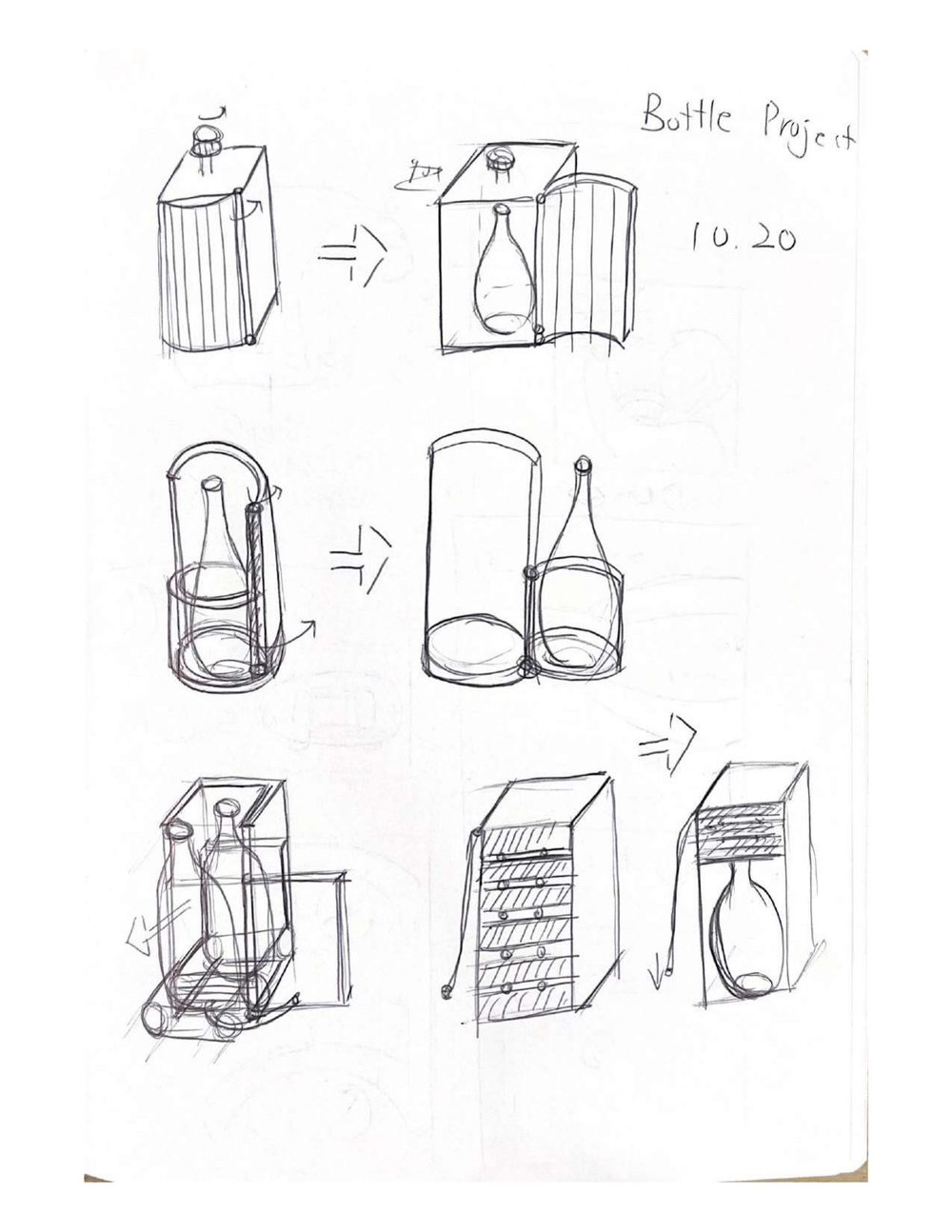Hand sketches iterating from simple boxes to shaped bottle packaging