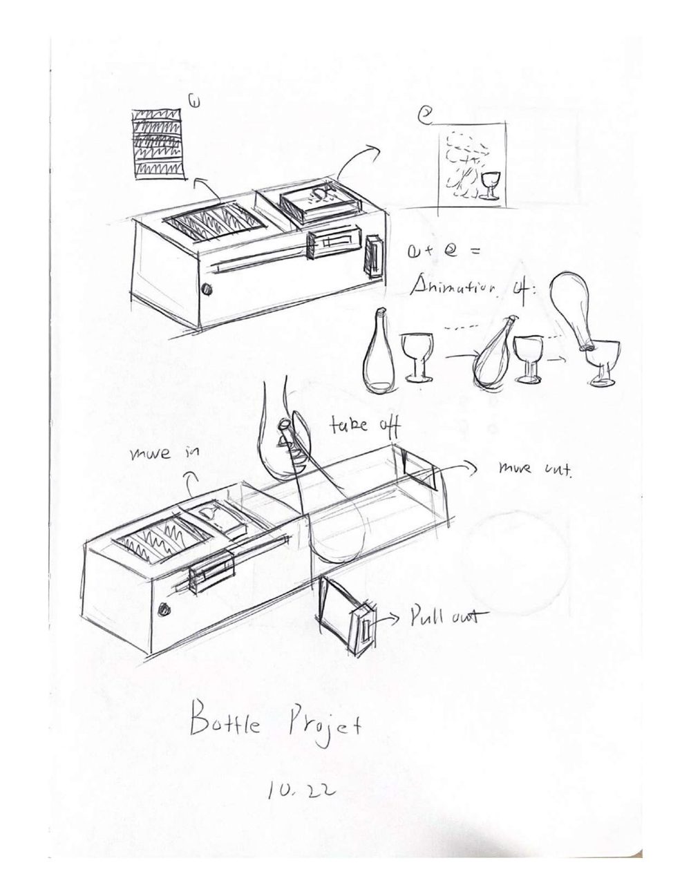Hand sketch of a box with a pull-out drawer that animates a scene as it slides