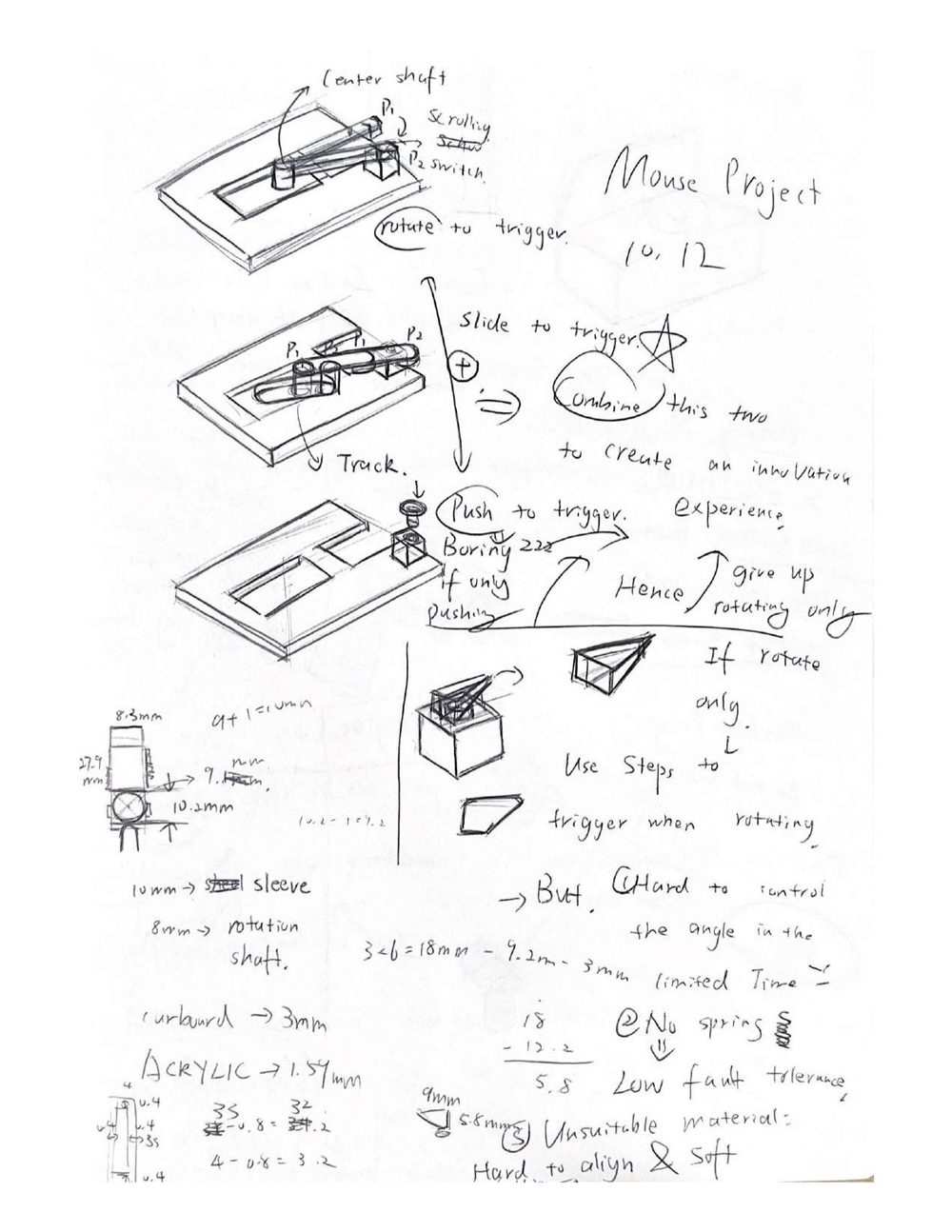 Hand sketch exploring sliders, triggers, and spinning parts built from mouse components