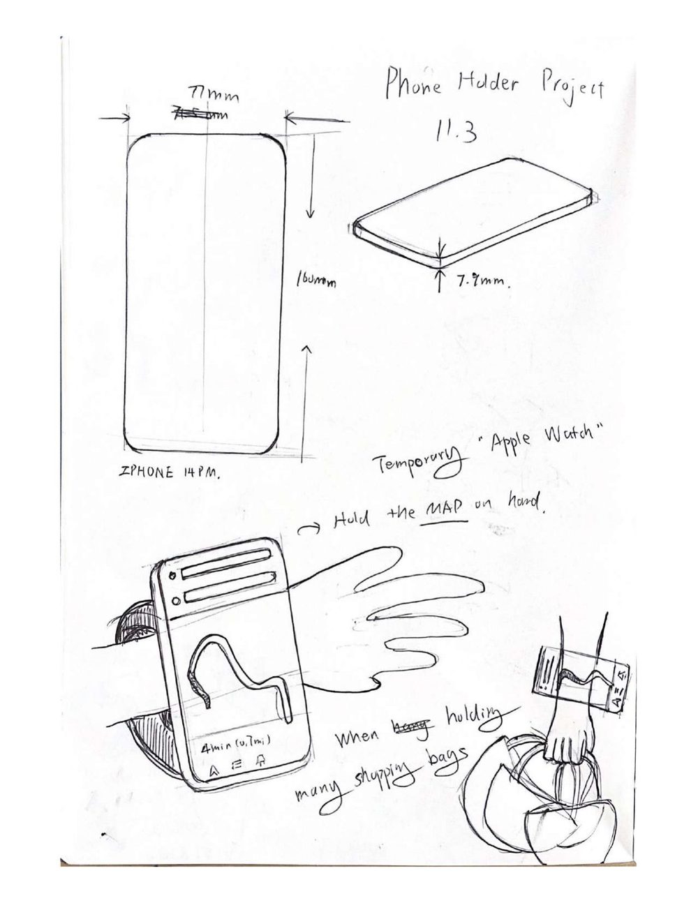 Hand sketch of phone dimensions and hands holding a phone