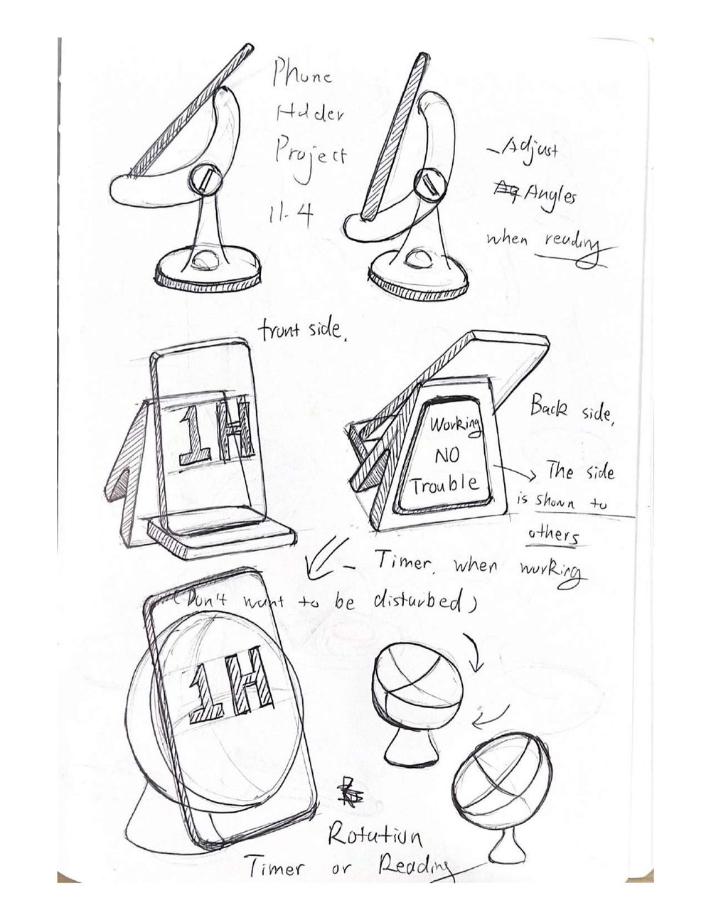 Hand sketches of tilting phone stands and a flip-over do-not-disturb timer