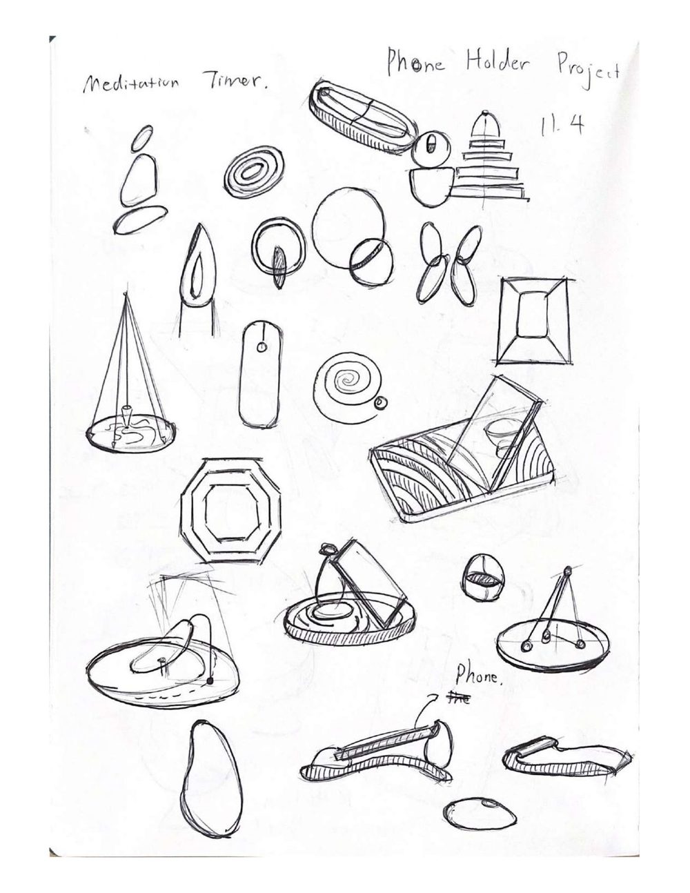 Page of small hand-drawn holder forms: rings, cones, boats, and curved stands