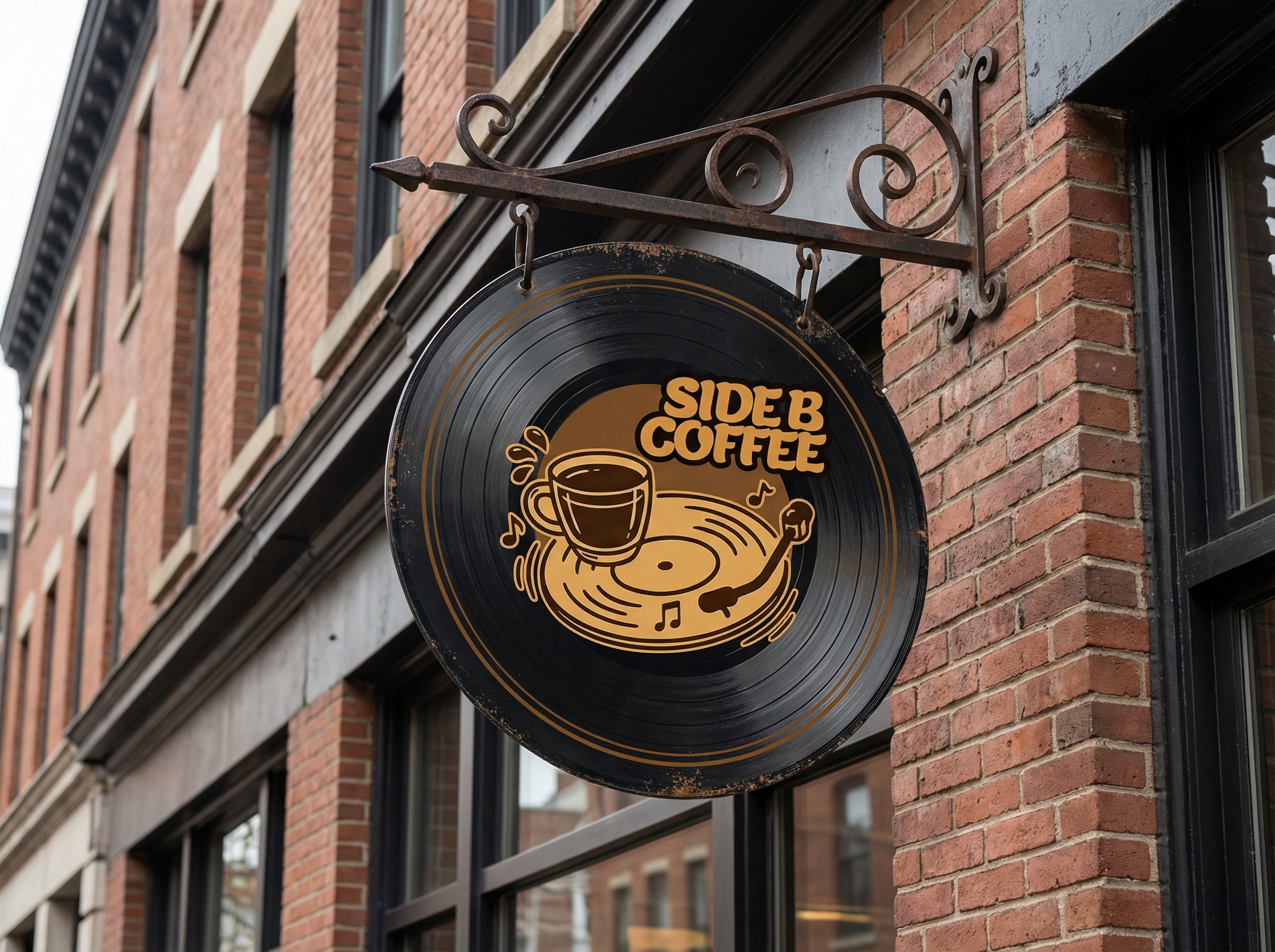 Side B Coffee vinyl-record storefront sign on brick building