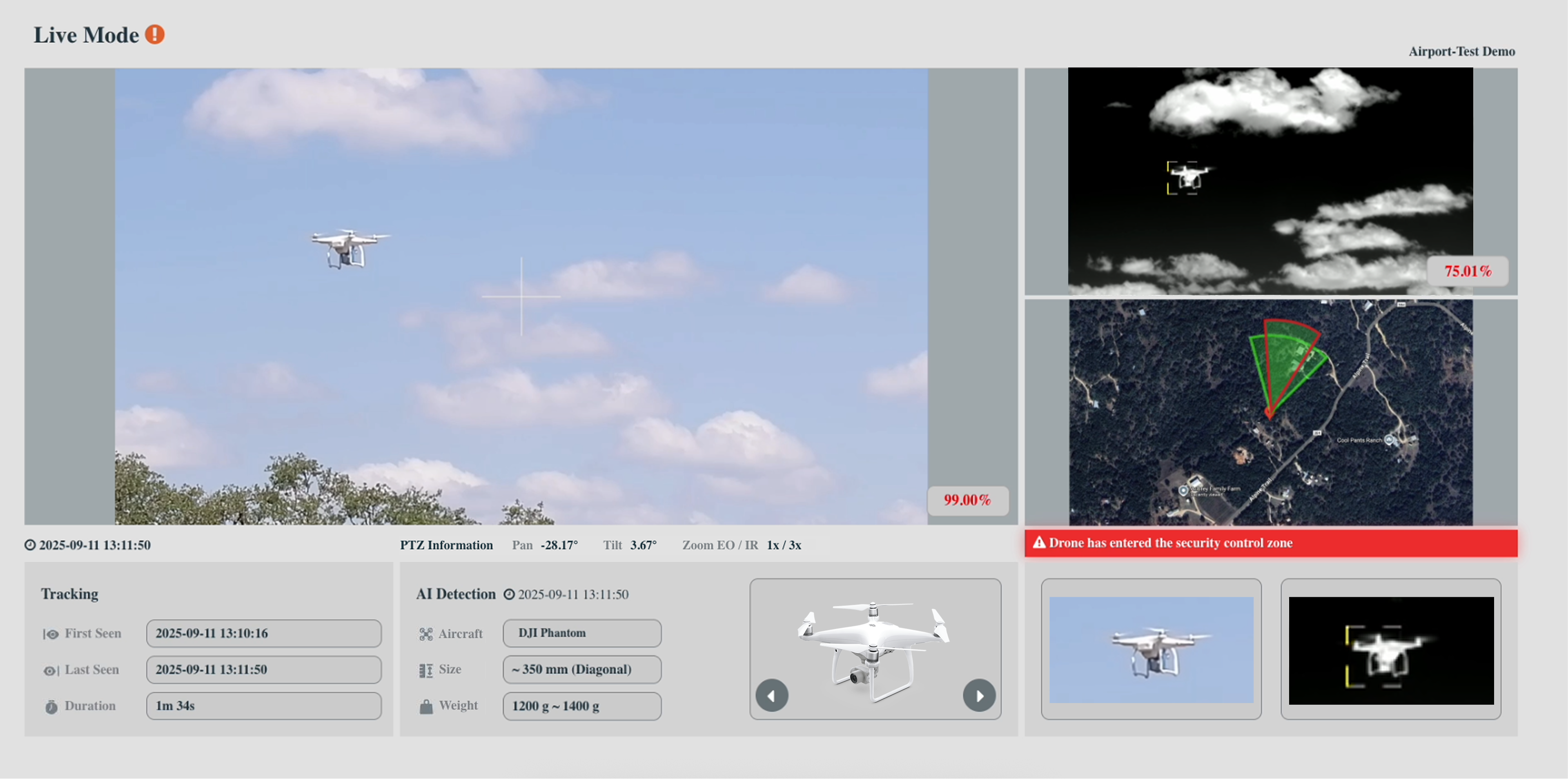 Drone intrusion detection for aerial defense — live tracking with thermal overlay and security-zone alerts