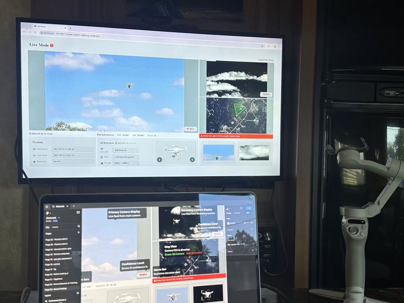 VisionSense deployed on-site: drone detection live on a large monitor with camera rig
