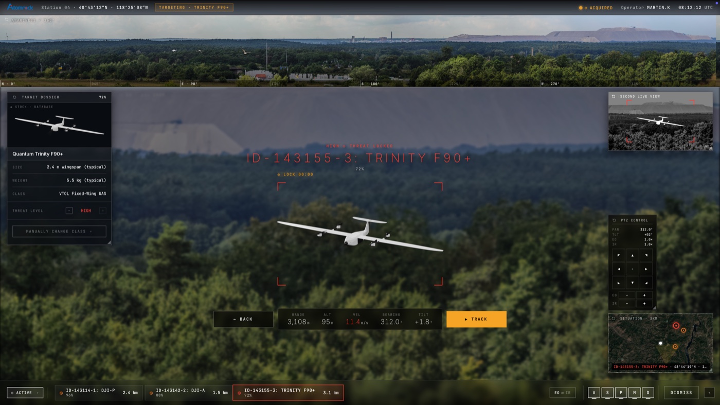 VisionSense auto-targeting interface: a Trinity F90+ drone locked as a high threat in the live operator view
