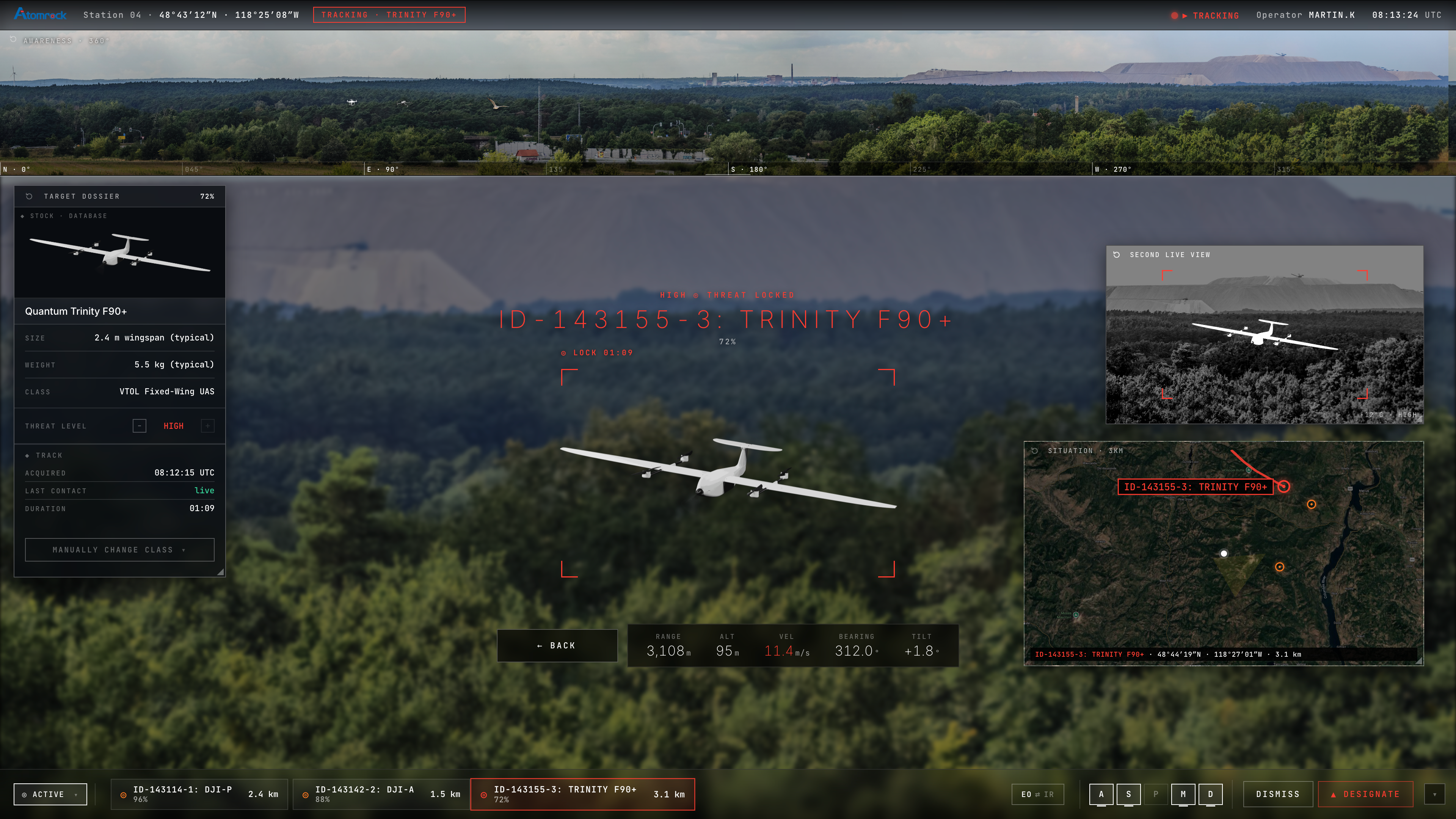 VisionSense next-generation targeting and tracking: a Trinity F90+ drone locked as a high threat with target dossier, EO/IR second live view, and situation map